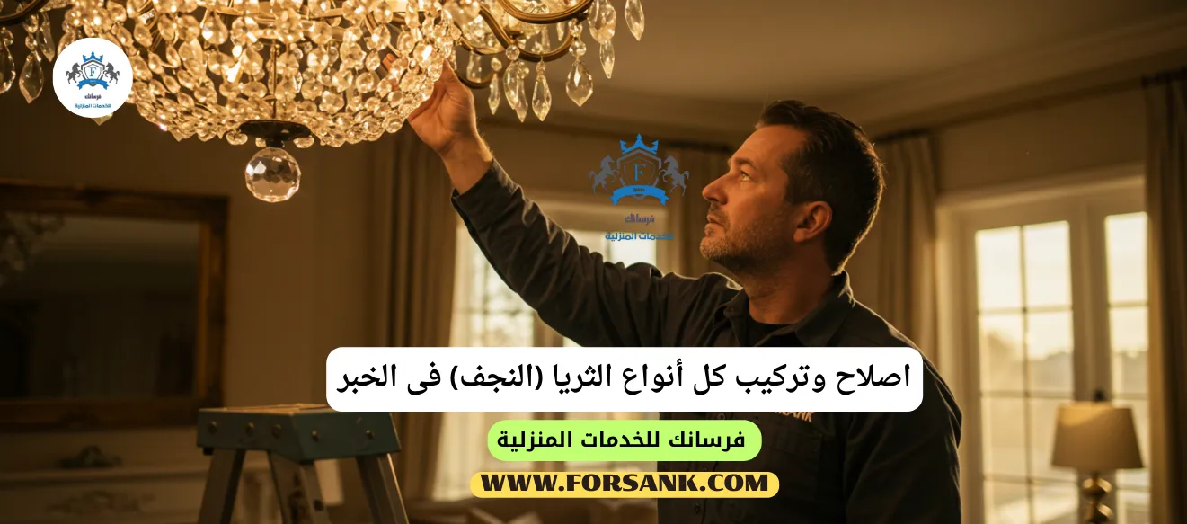 فني متخصص من فرسانك يقوم بتركيب ثريا كريستال فاخرة بحرص ودقة في الخبر